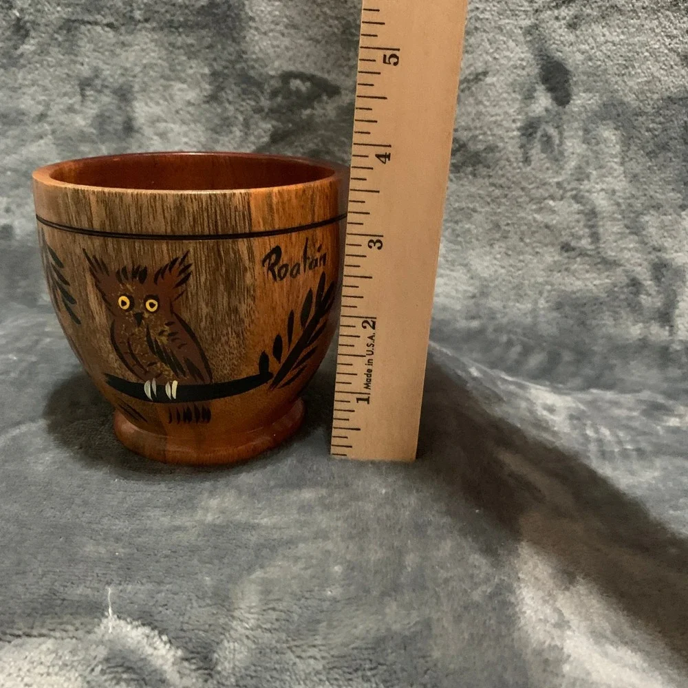 Roatan Decorative Bowl Hand Painted Crazy Owl Brown Wood Folk Art EUC
